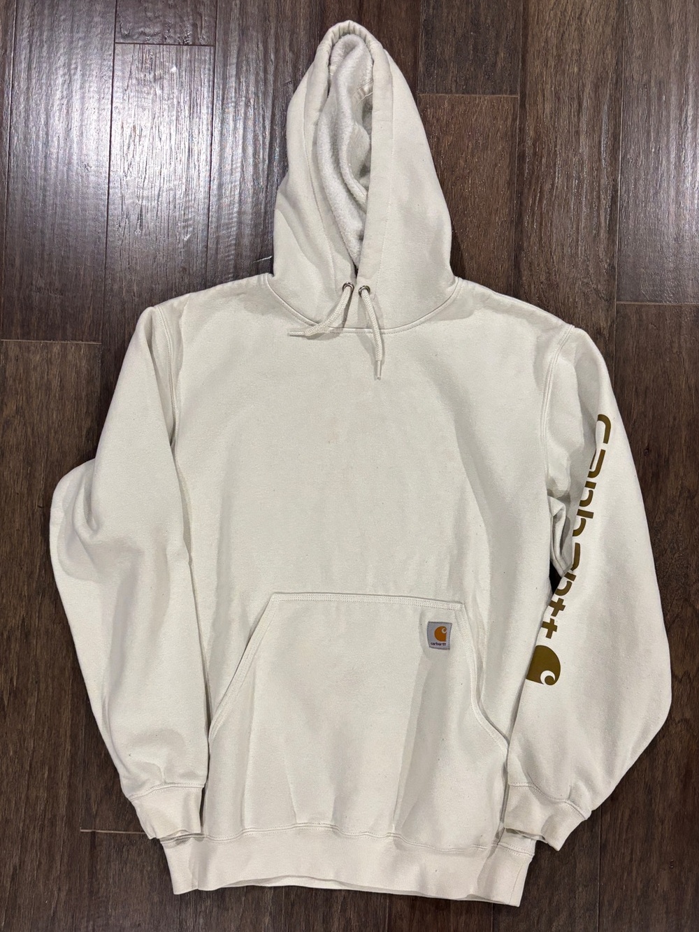 Carhartt Men’s Cream Hoodie with Gold/Copper Sleeve Logo